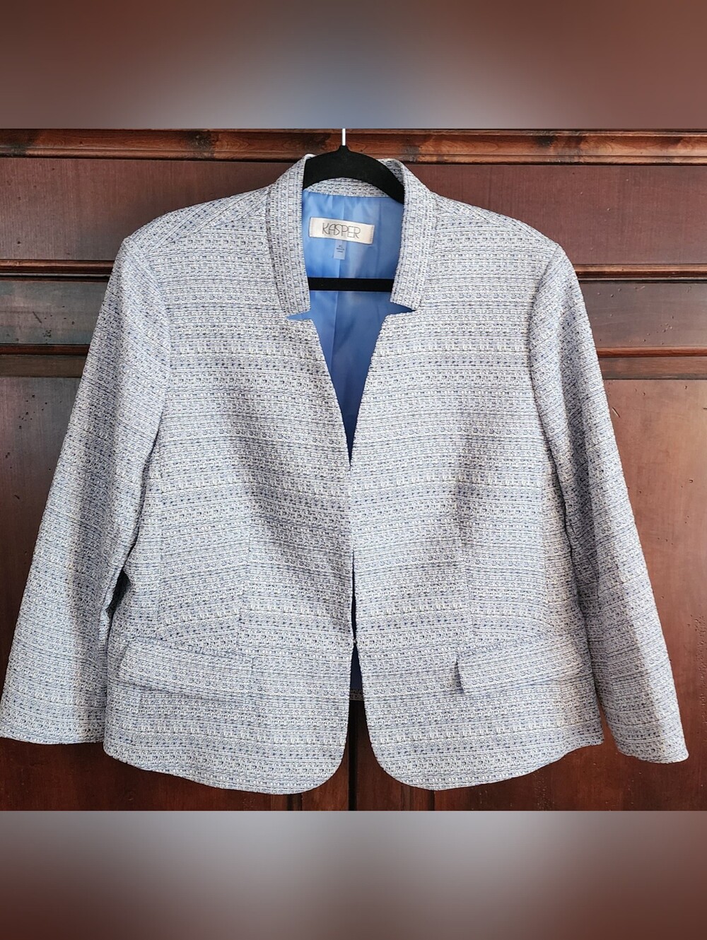 Kasper Women's Pale Blue, Black And White Tweed Blazer, Fully Lined, XL